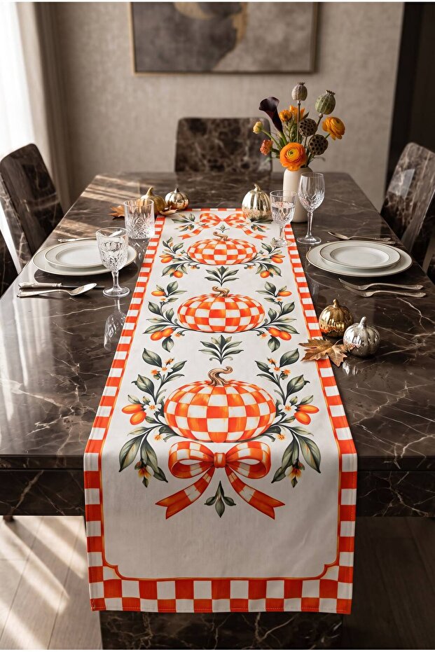 Decorative Table Runner - Stylish Runner with Checkered and Pumpkin Flower Pattern - 40 X 140 cm Raschel Fabric