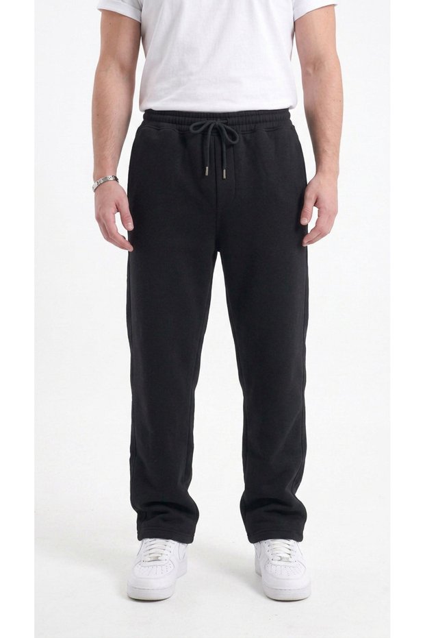Men's Black Oversize 3 Thread Loose Sweatpants Cotton Soft Back Pocket Baggy Pipe Leg