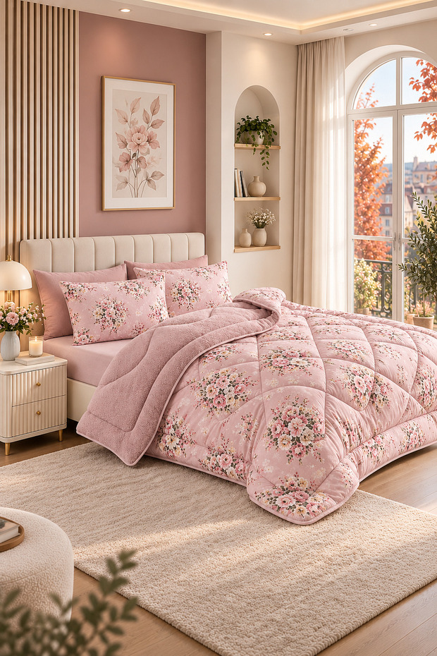 Double-sided double quilt set pink