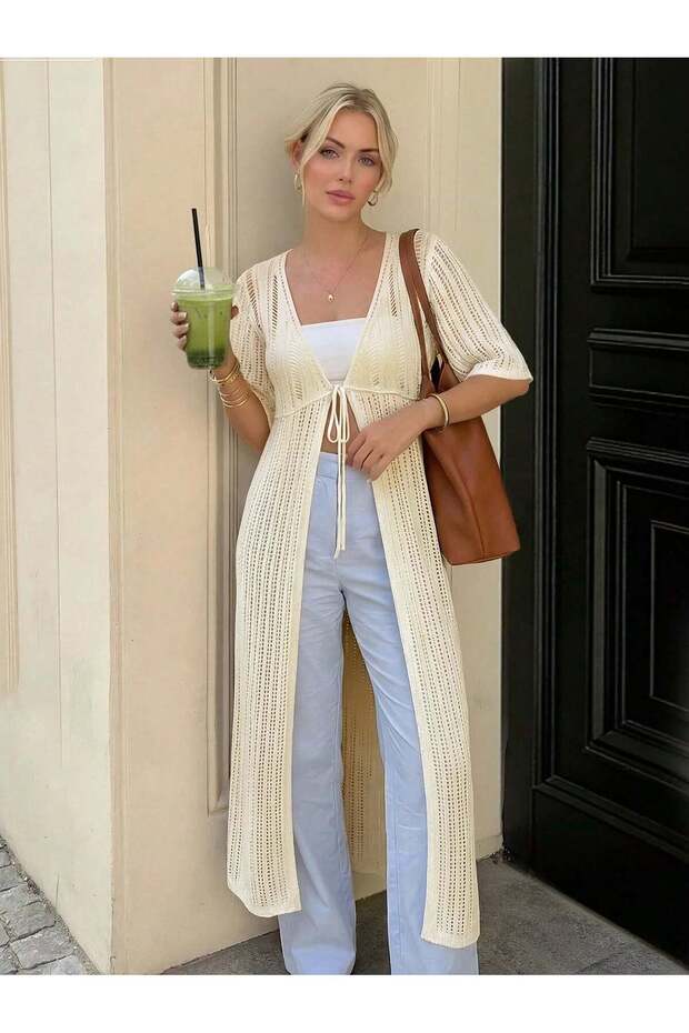 Cardigan lung, crem - M