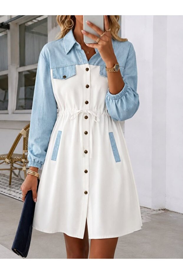 Women's denim-effect mini dress with pocket and button details