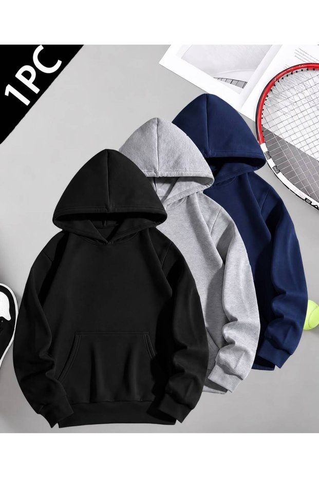 Unisex Oversize 3-Pack Black-Grey-Navy Blue Hooded Sweatshirt
