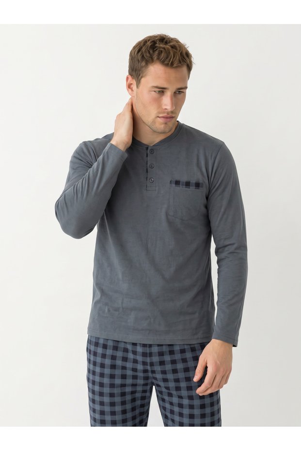 Men's Long Sleeved Plaid Pajama Set Gray