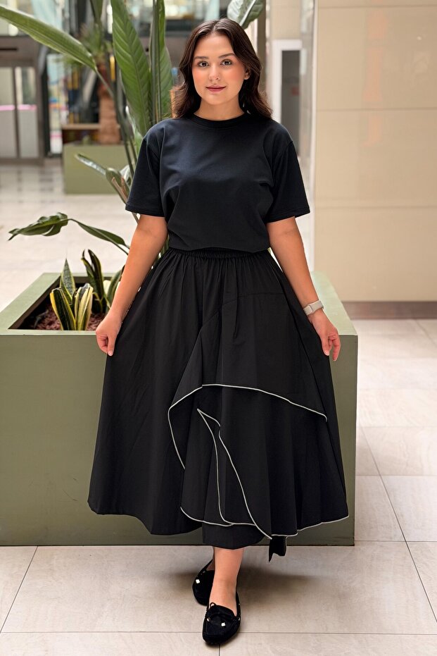 Elastic Waist Skirt with Sewing Detail and Flap