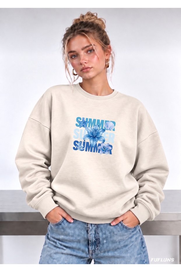 Summer Flower Printed Oversized Women's Crewneck Sweatshirt