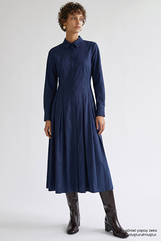 Zigzag Stitched Waist-Fitted Pleated Regular Midi Dress