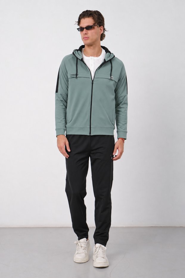 Men's Blue Gray Diving Fabric Cotton Hooded Winter Tracksuit Set - E229