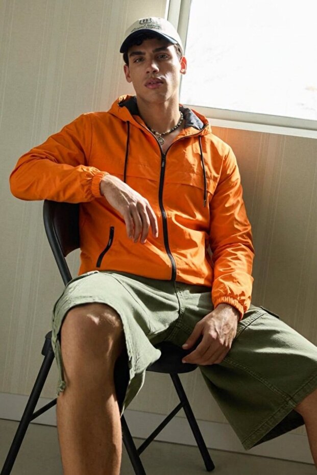 Men's Seasonal Orange Lined Raincoat & Windbreaker with Pockets