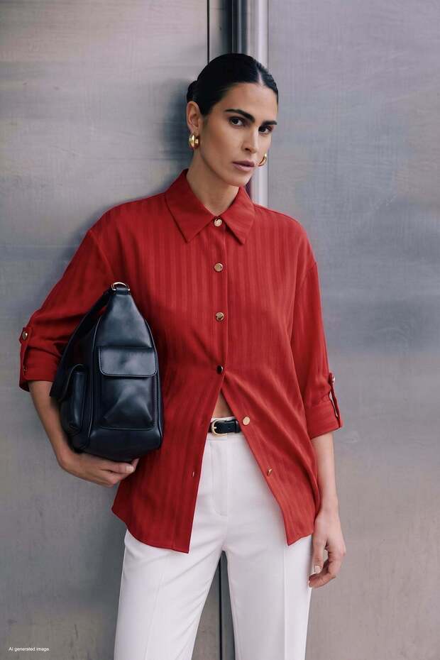 Striped Sleeve Fold Detail Shirt - Red