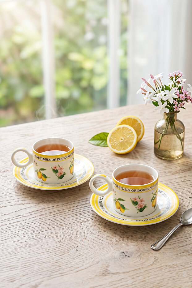 4 Piece 2-Person Flower and Lemon Porcelain Coffee Cup Set 100 ml