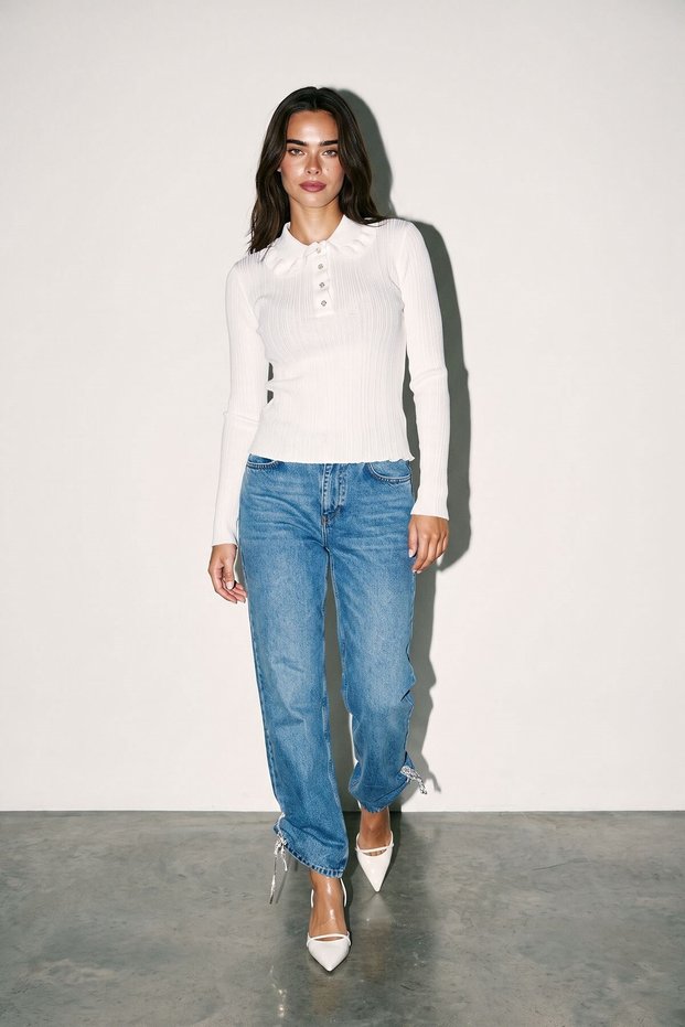 Cream Button Detailed Long Sleeve Knitwear Blouse