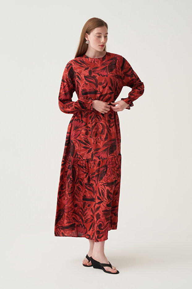 Leather belted embroidered dress