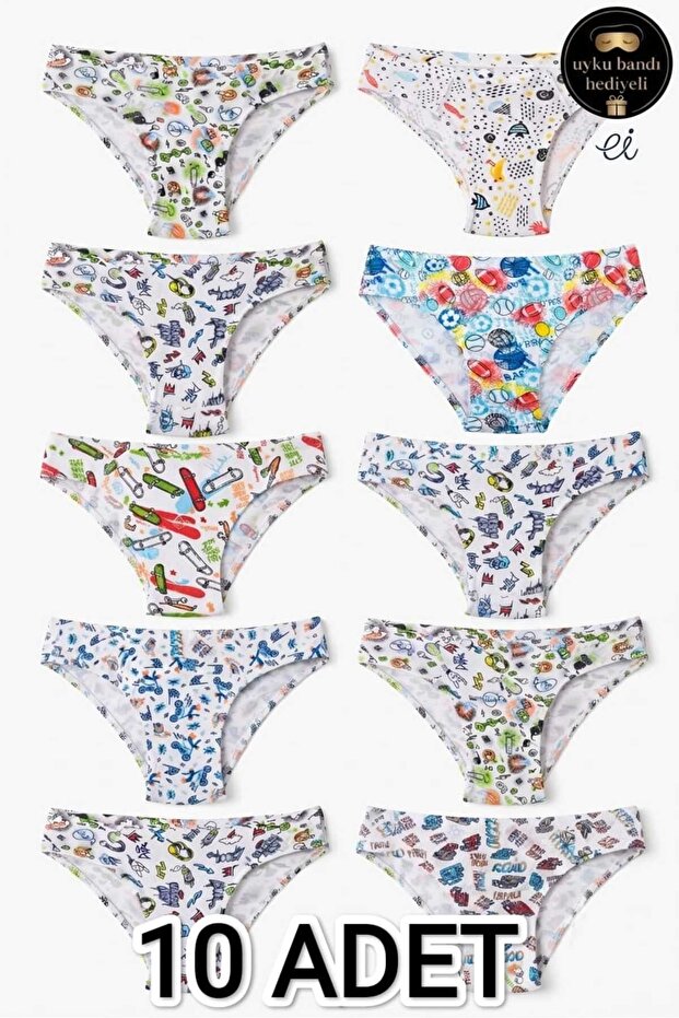 Pack of 10 Mixed Fun Patterned Cotton Boys' Briefs - Slip Underwear (Special Production Sleep Band Gift)