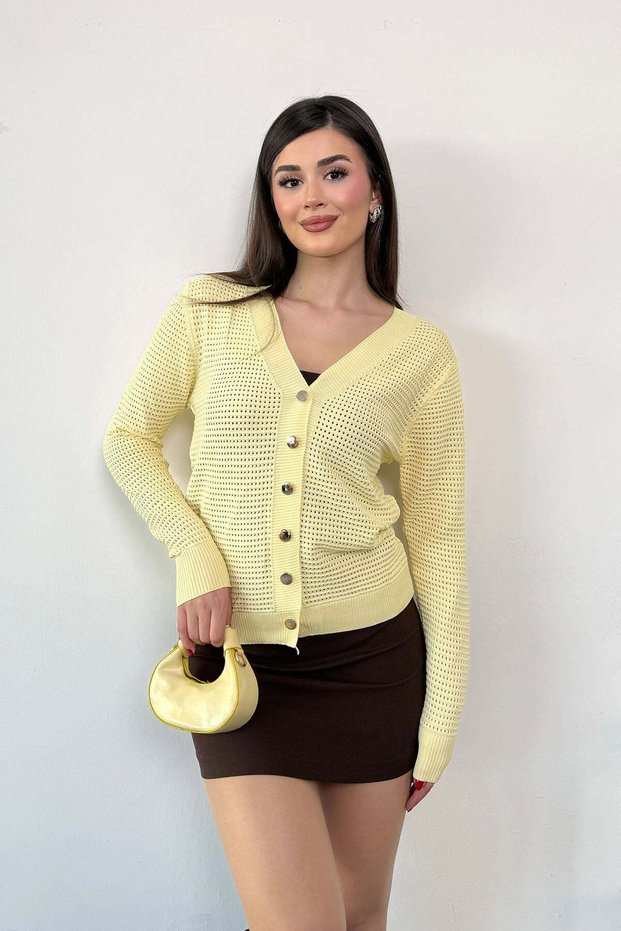 Women's V-Neck Buttoned Mesh Cardigan Yellow - 27K 3345