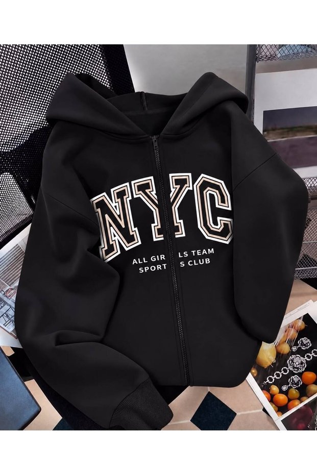 Girl's Black Nyc Printed Hooded Zippered Cardigan