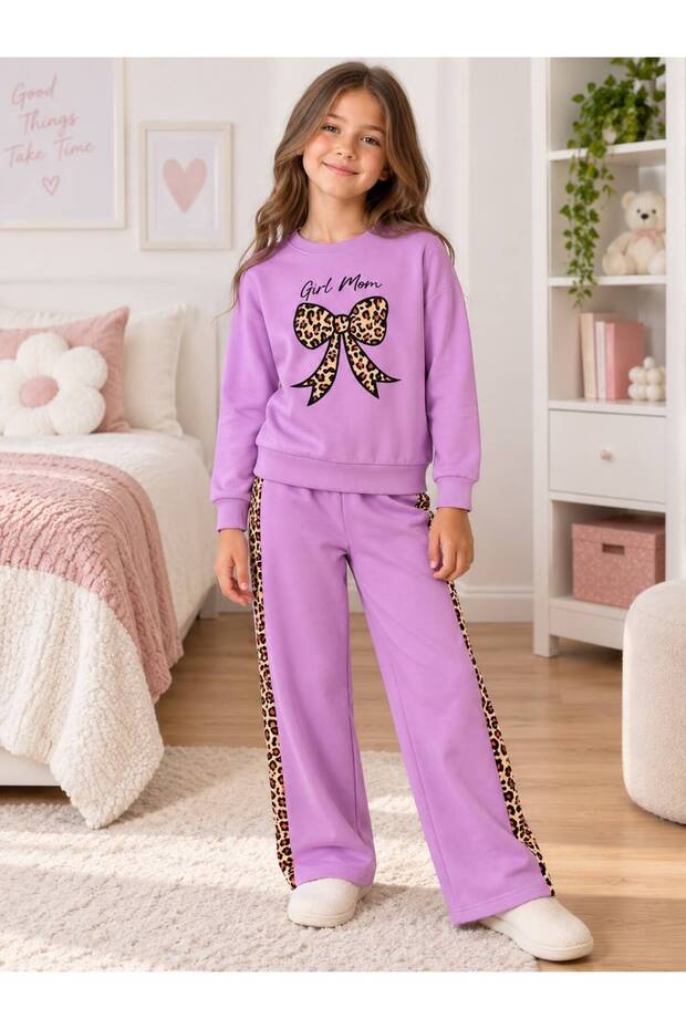 Girl's Cotton Lilac Color Leopard Ribbon Patterned Long Sleeve Embroidered Winter Tracksuit Set