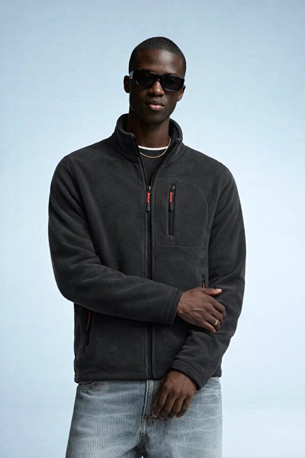 Men's Zippered Stand Collar Loose Anthracite Fleece