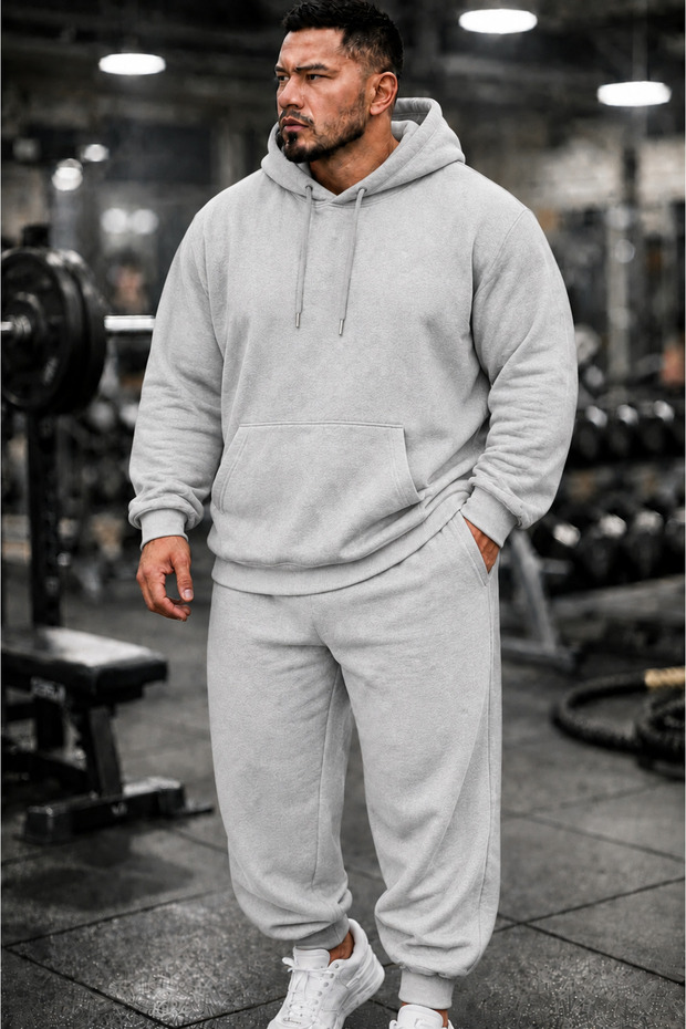 Plus Size Gray Hooded Tracksuit Set Plain Basic