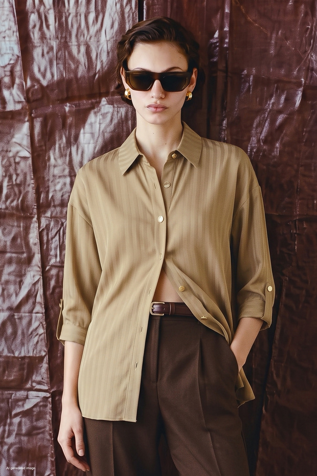 Striped Sleeve Fold Detail Shirt - Beige