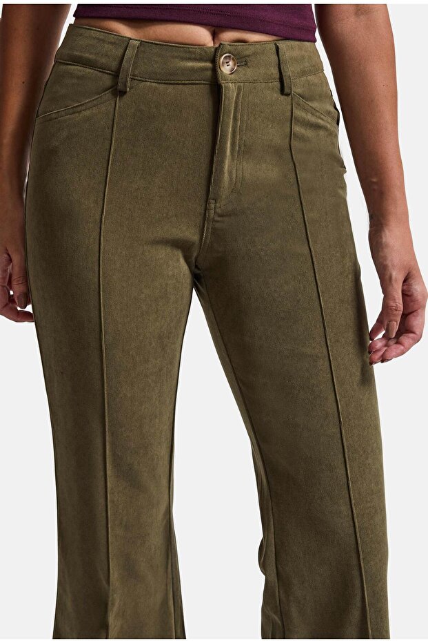 Women's Khaki Flare Fit Smooth Textured Stretchy Velvet Fabric Trousers