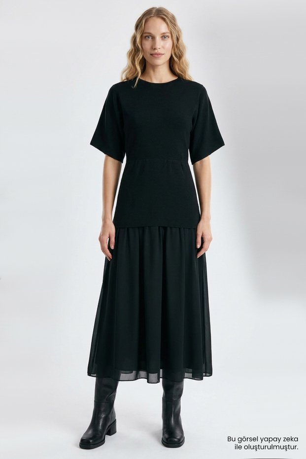 Short Sleeve Skirt Chiffon Lined Regular Midi Dress