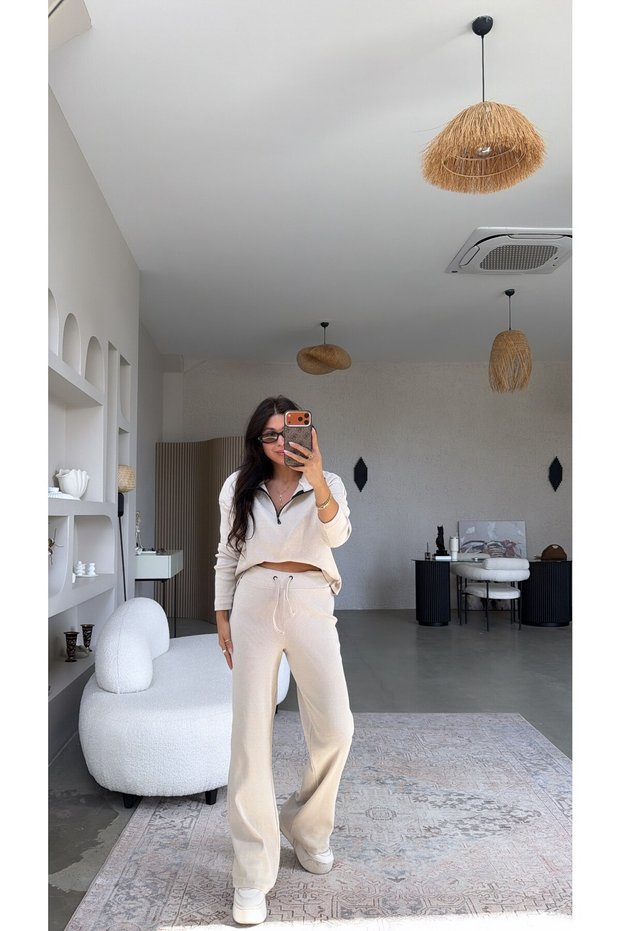 Beige Zippered Ribbed Top and Bottom Set
