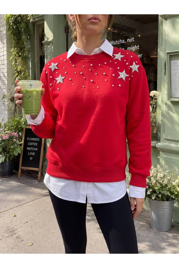 Red Crew Neck Sweatshirt with Star Stone Embroidery