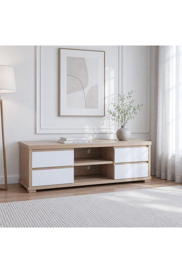 Larina TV Cabinet For Up To 55 Inches TV Entertainment Modern Design Wall Unit Furniture Wooden TV Stand For Living Room Bedroom TV Rack L160xW40xH49 cm Sonoma Oak