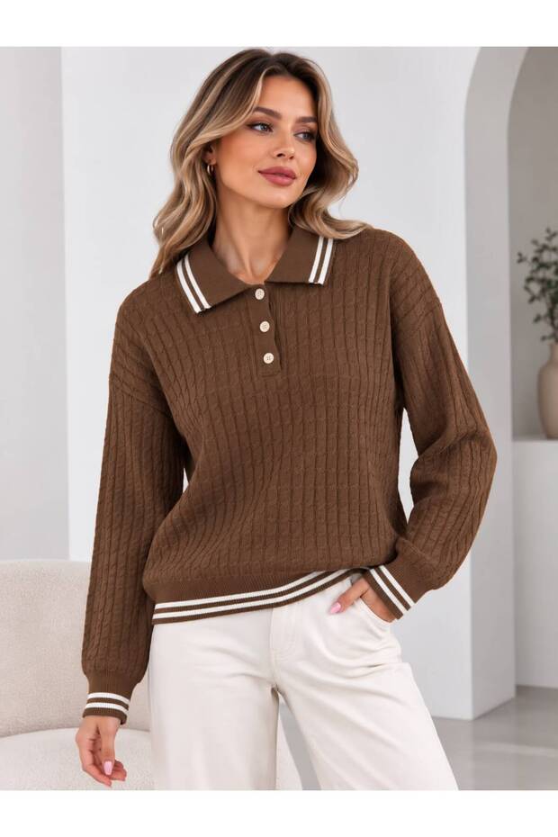 Polo Collar Stripe Detailed Knitted Women's Sweater
