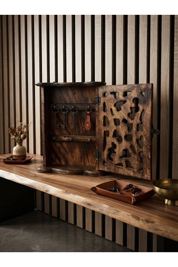 Handmade Walnut Wood Carved Key Cabinet Wall Mounted Decorative Key Holder - 30X23X10 cm