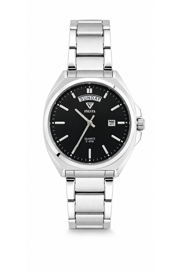 Men's Day and Date Display 5 Atm Quartz Metal Band Wristwatch with 2 Year Warranty