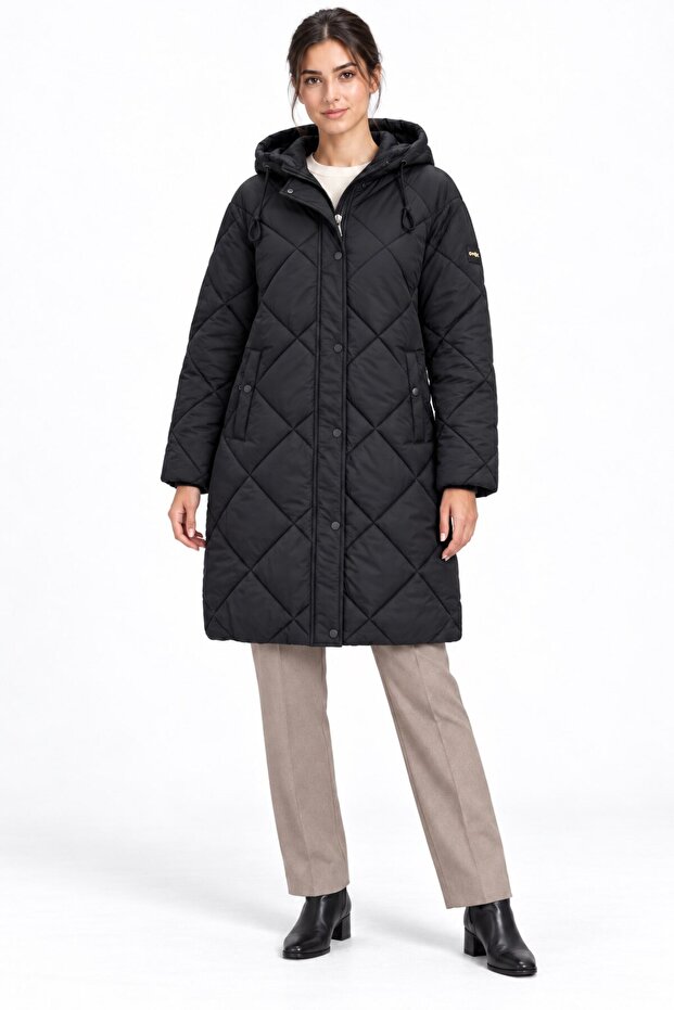 Women's Fixed Hooded Reversible Zippered Comfortable Fit Long Quilted Coat 8847