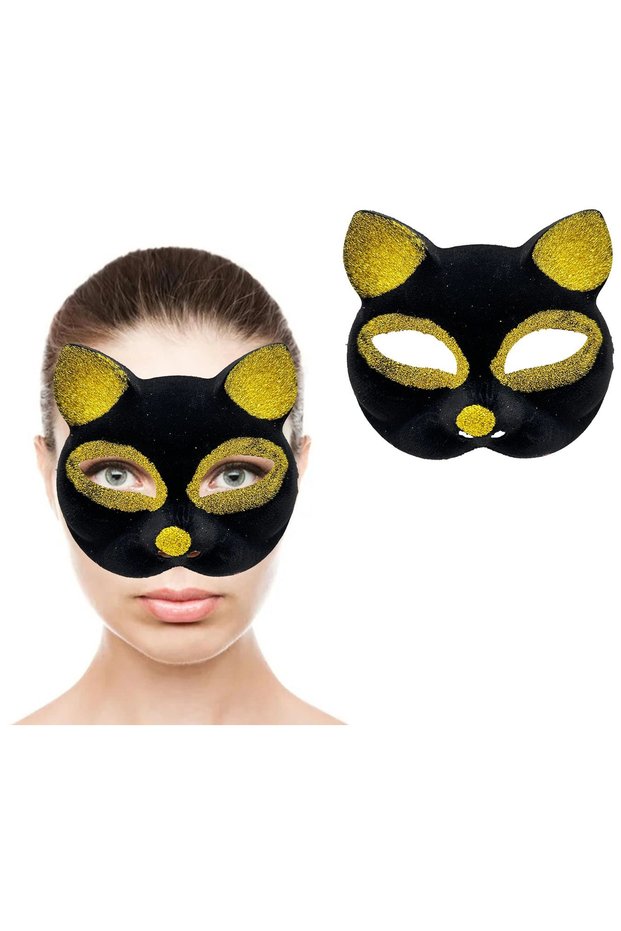 Black Color Gold Glitter Suede Coated Cat Mask 18X14 cm