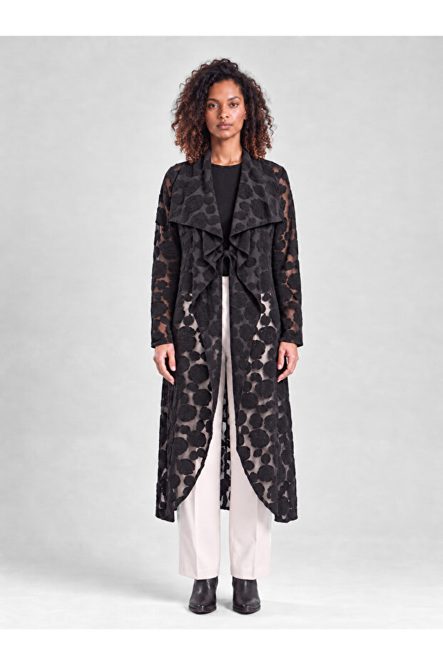 Women's Rose Patterned Waist Drawstring Wool Blend Long Cardigan Black Jacket