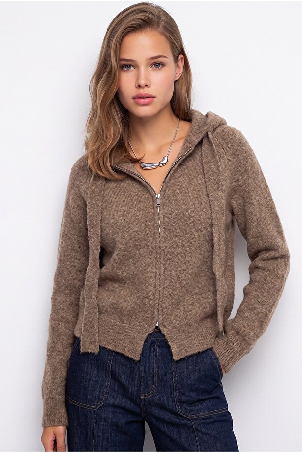 7066 Women's Lace-Up Hooded Soft Textured Knitwear Cardigan Camel