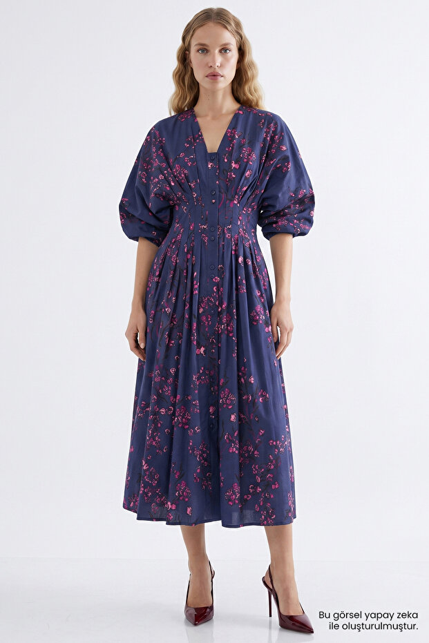 Reglan Sleeve V-Neck Pleated Waist Regular Midi Dress