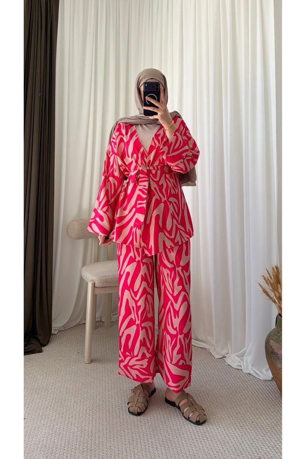 Zebra Pattern Kimono Set with Pants - Fuchsia & Powder