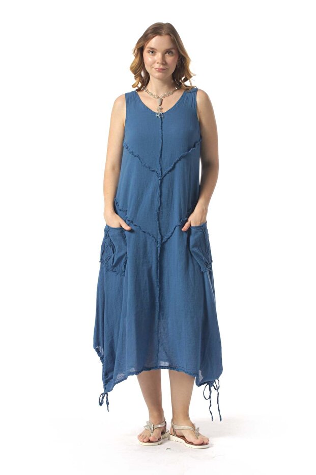 Sleeveless Çeşme Crew Neck Authentic Double Pocket Midi Length Poplin Summer Dress Indigo Indg