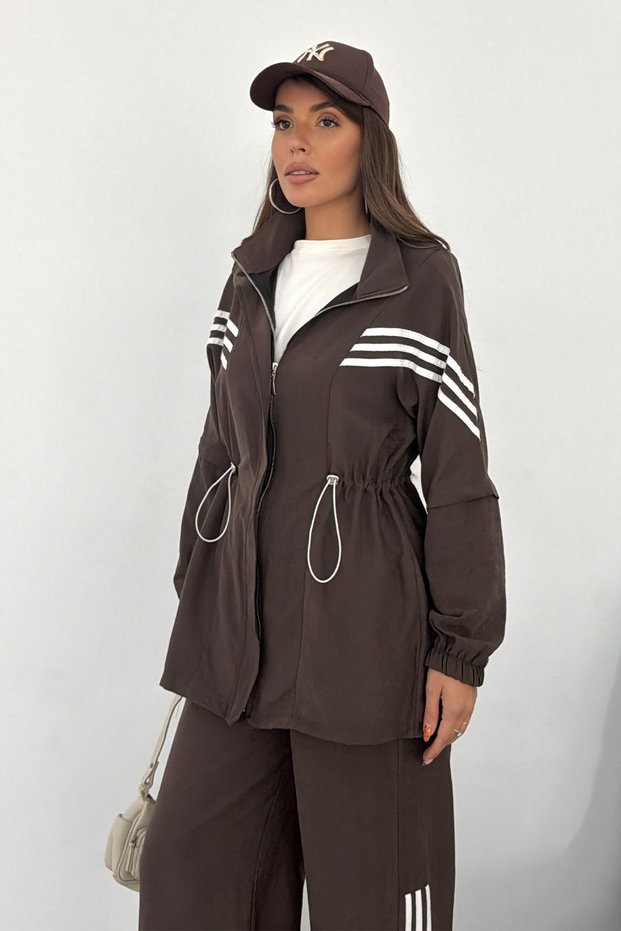 Women's High Neck Double Sportswear Set with Drawstring Waist and Zipper, Stripe Detail 9146 - Brown