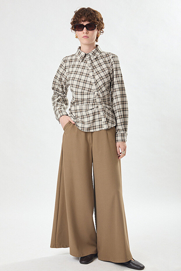 Plaid Patterned Waist Pleated Shirt Beige