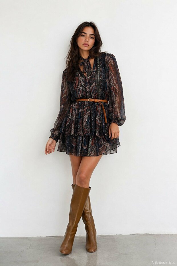 Women's Black Belt Detailed Patterned Dress