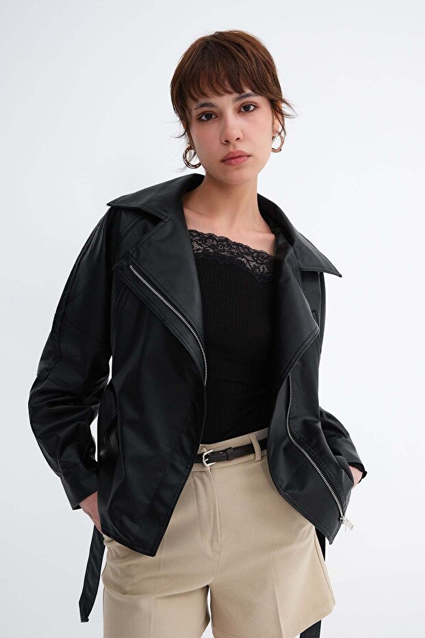 Belted Faux Leather Jacket C3175