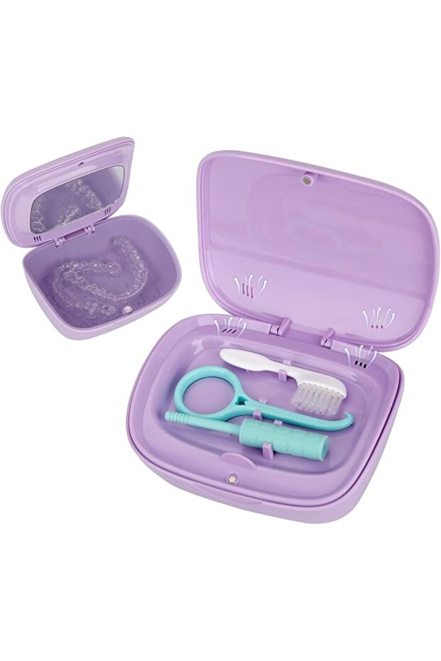 Portable Retainer Case, False Teeth Storage Box Holder, Braces Removal Tool and Cleaning Brus