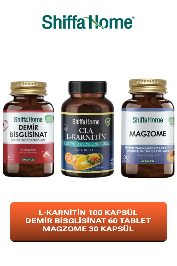 L-Carnitine 100 Capsules & Iron Bisglycinate 60 Tablets & Magnesium, Vitamin B6, D3 30 Capsules - Triple Set