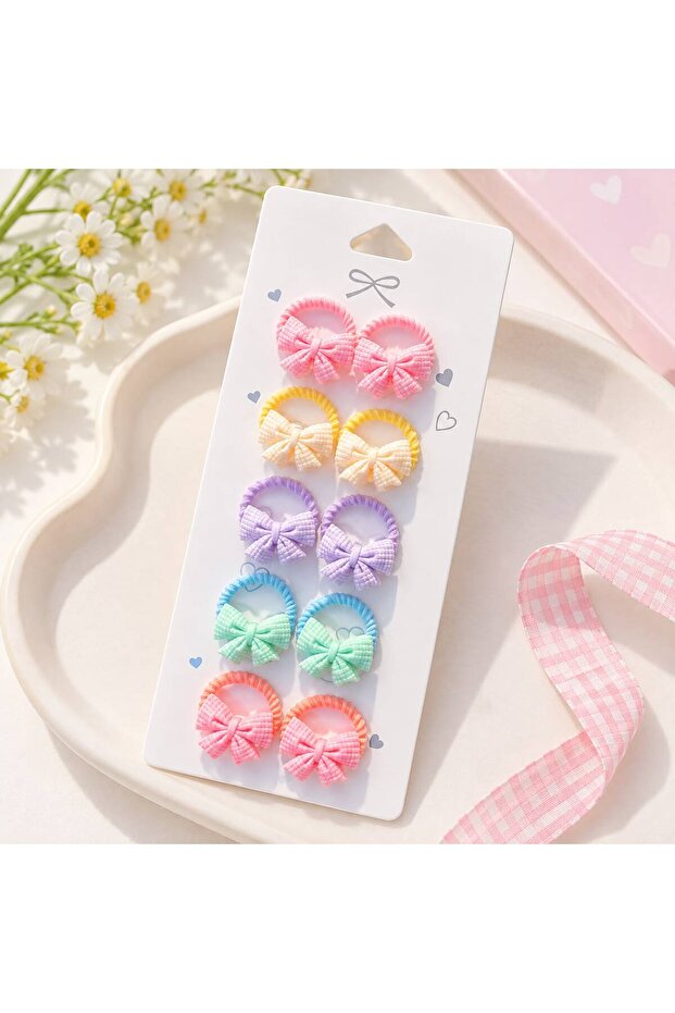 Mini Children's Rubber Hair Clips Set with Bows - 10 Pieces Pastel