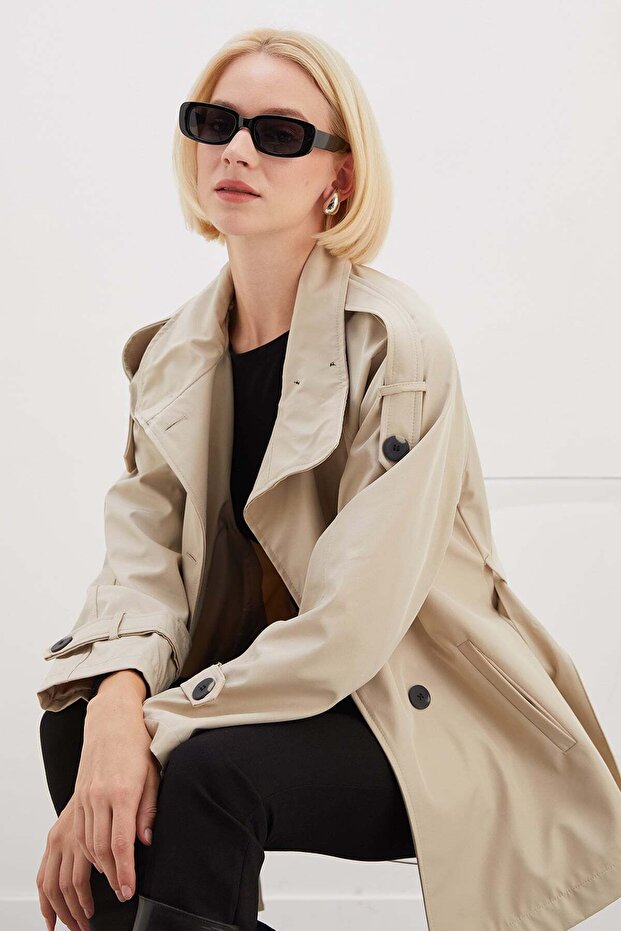 Belted Stand Collar Buttoned Trench Coat