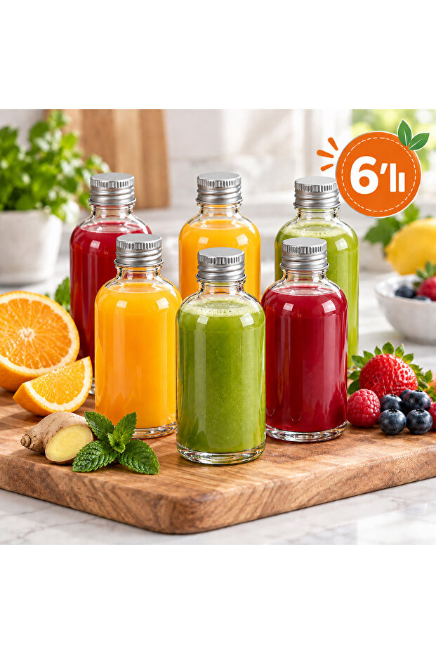 6 Pieces 100 ml Glass Ginger Shot Bottle – Mini Beverage Bottle with Silver Lid