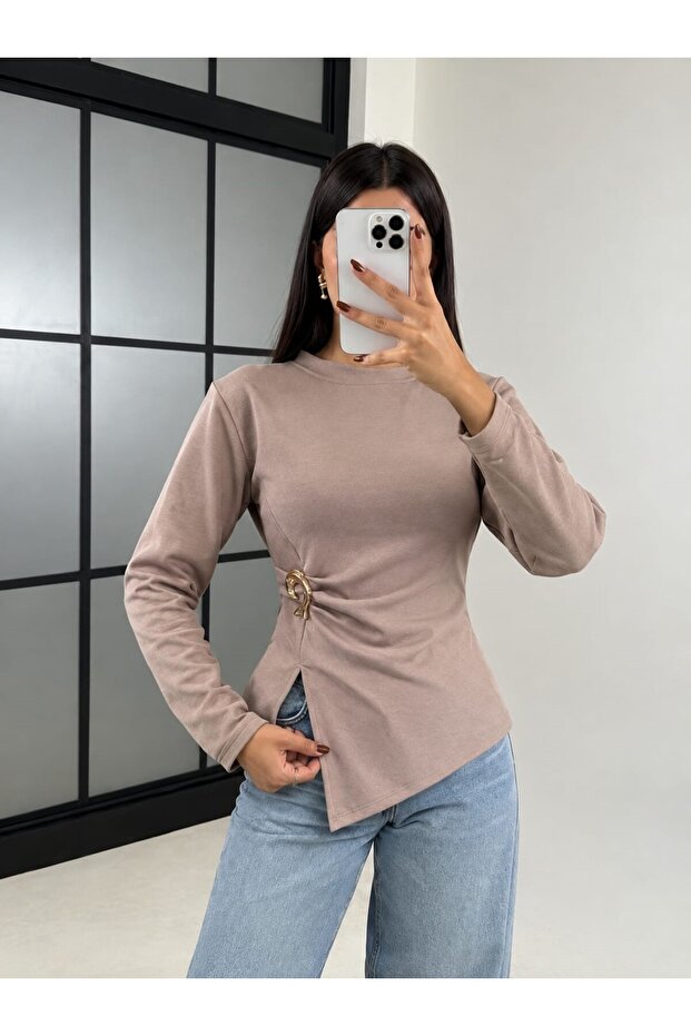 Crew Neck Skirt Slit Women's Blouse