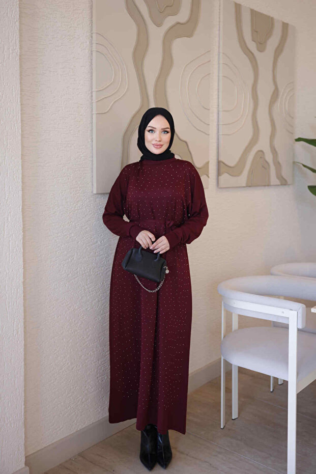 Burgundy Mercerized Stone Embellished Knitwear Dress