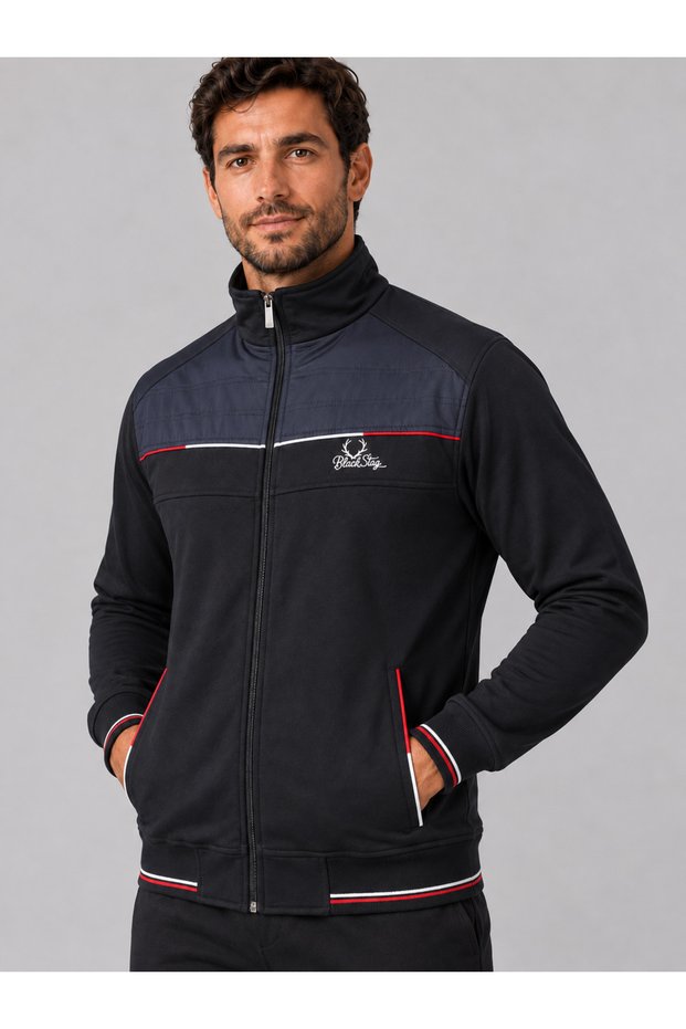Men's Black Navy Blue Quilted Detailed Stand Collar Zippered Sweatshirt